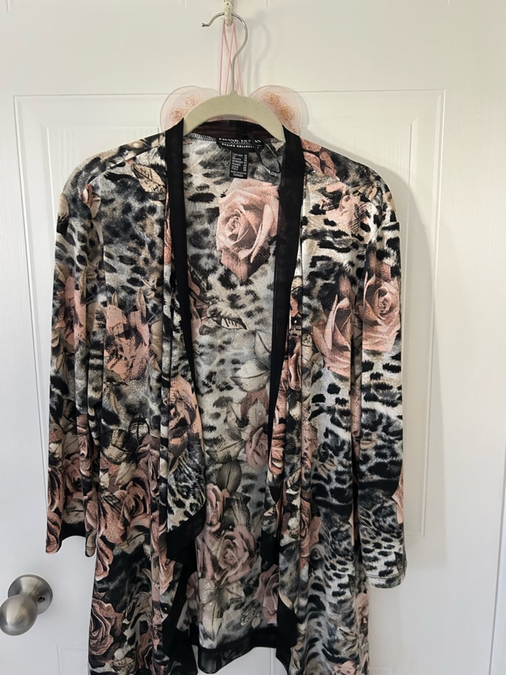 Frank Lyman Design Blush Pink Rose & Black Leopard Open Cardigan